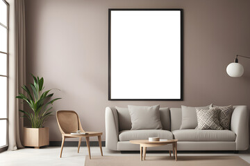 mock up poster frame in modern interior background, living room, Scandinavian style, 3D render, 3D illustration