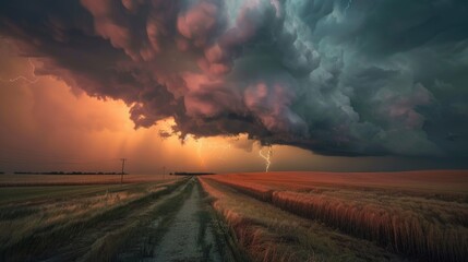 Fototapeta premium A dramatic scene of a field with a dirt road under a stormy sky. Perfect for illustrating the power of nature