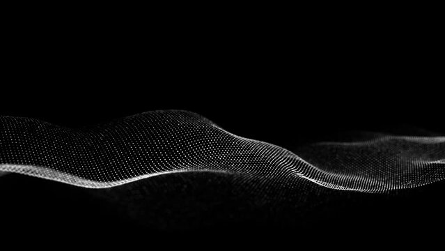 Futuristic moving wave. Digital dark background with moving particles. Big data visualization. 3d rendering