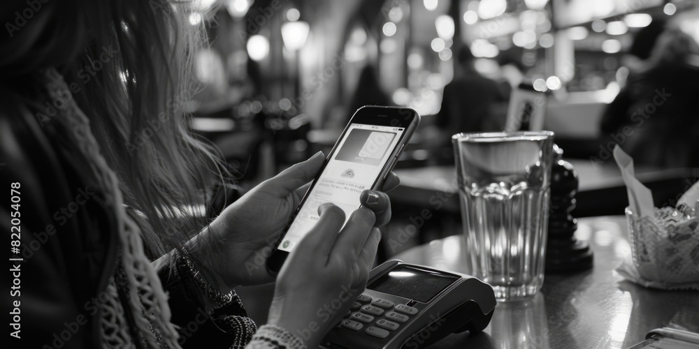 Poster a woman sitting at a table using a cell phone. suitable for technology concepts