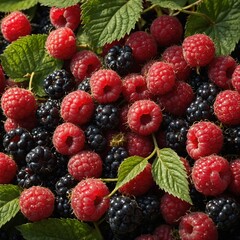 Collection of ripe raspberries, both red, black, nestled among green leaves. Sunlight highlights intricate textures of berries, leaves, emphasizing contrast between glossy black raspberries.