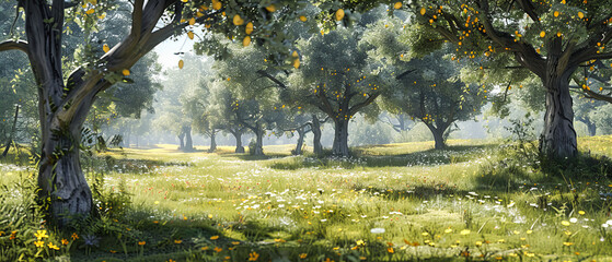 Artistic Forest Landscape, Painted with Bright Autumn Colors and Sunlight, Capturing Seasonal Change