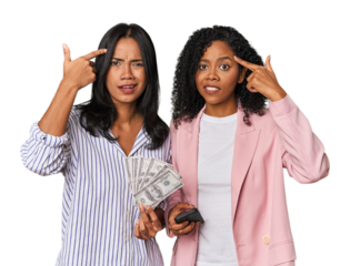 Latin businesswomen with money, phone showing a disappointment gesture with forefinger.
