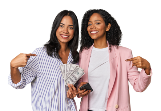 Latin businesswomen with money, phone person pointing by hand to a shirt copy space, proud and confident