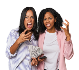 Latin businesswomen with money, phone screaming with rage.