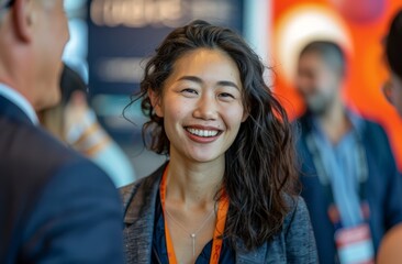 Asian people in business casual attire as they gather at an exhibition booth, relishing in each other's company after the fair.