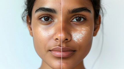Indian patient divided between before and after the aesthetic procedure in light background