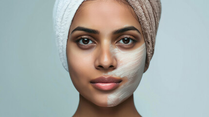 Indian patient divided between before and after the aesthetic procedure in light background