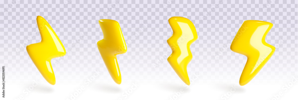Poster lightning bolt of different shape on transparent background. cartoon 3d vector illustration set of t