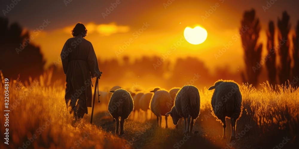 Poster a man walking alongside a herd of sheep in a peaceful field. suitable for agricultural or nature con