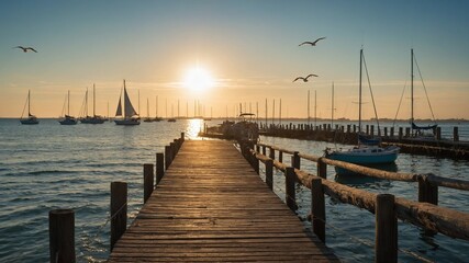 Serene sunset paints sky with warm hues at marina, where sailboats anchored peacefully. Wooden dock, leading eye towards horizon, illuminated by golden light. Birds soar gracefully in sky.