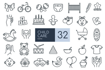 Child care thin line icons. Set of line icons related to international children day, kid rights, parenthood. Editable Stroke
