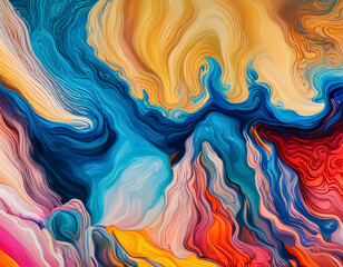 Obraz premium Vibrant abstract painting with swirling patterns in blue, yellow, red, and orange hues, resembling fluid motion and dynamic energy, Generative AI.