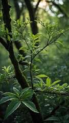 Obraz premium Sunlight filters through dense foliage in forest, casting soft glow on vibrant green leaves sprouting from moss-covered branch. These leaves, lush, full, dance in light, creating play of shadows.