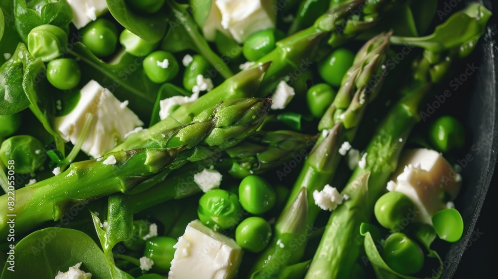 Poster close-up of a plate of food with asparagus and feta. suitable for food blogs and menus