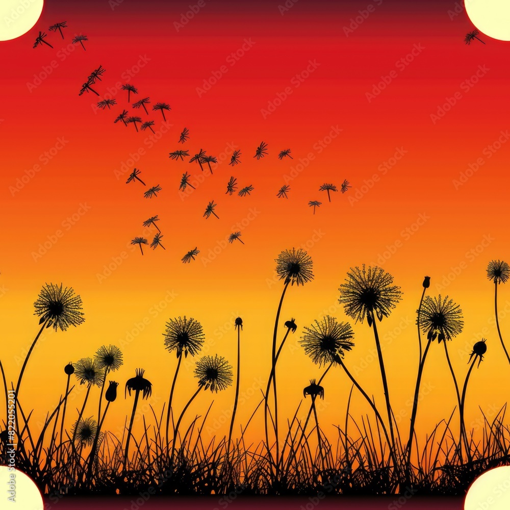 Poster Beautiful dandelions in a field at sunset, perfect for nature backgrounds