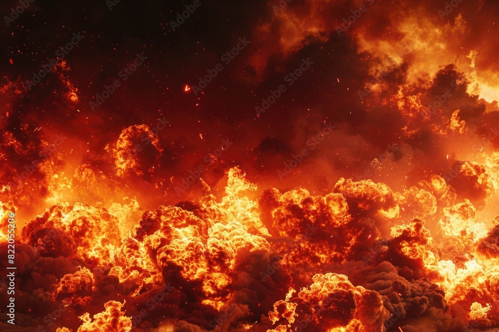Poster a large explosion of red and yellow fire. perfect for illustrating danger or destruction