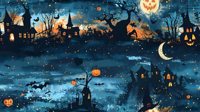 Vintage Halloween Witch Flying Over Full Moon with Bat and Jack O Lanterns