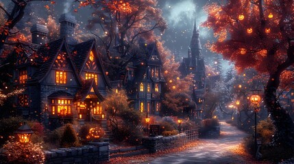 Fototapeta premium Whimsical Halloween Night Children in Costumes TrickorTreating Through a Festive Neighborhood