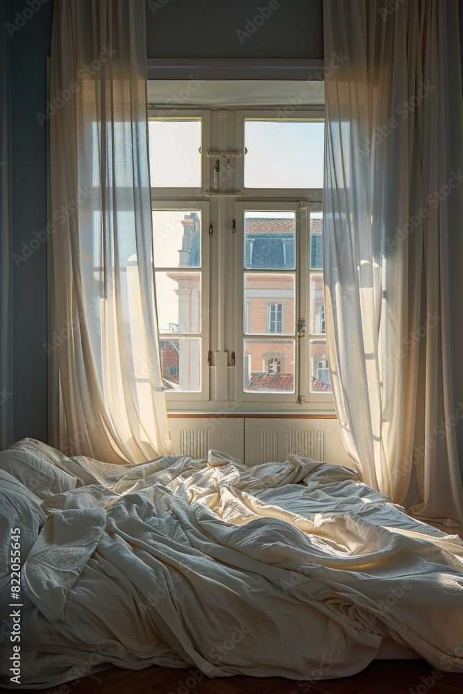 Poster a messy unmade bed in front of a window. suitable for home decor websites