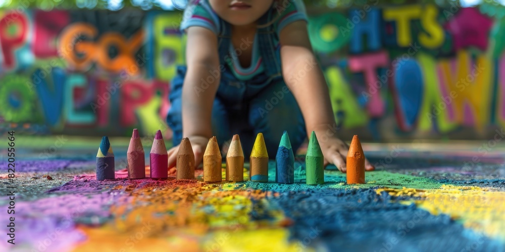 Poster a little girl happily playing with crayons on the ground. ideal for educational and child developmen