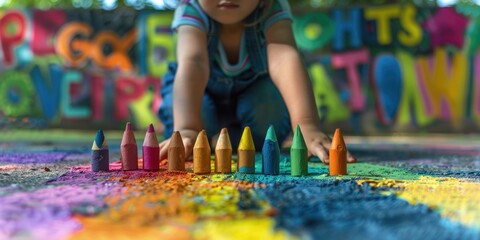 A little girl happily playing with crayons on the ground. Ideal for educational and child...