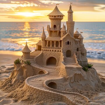 A detailed and realistic sand sculpture of casle located on a sunny beach at sunset.