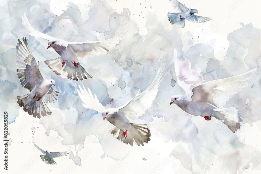 Poster a flock of white pigeons flying through the air. suitable for various projects