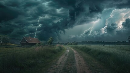A dramatic scene of a dirt road leading to a house under a stormy sky. Suitable for various weather and rural concepts