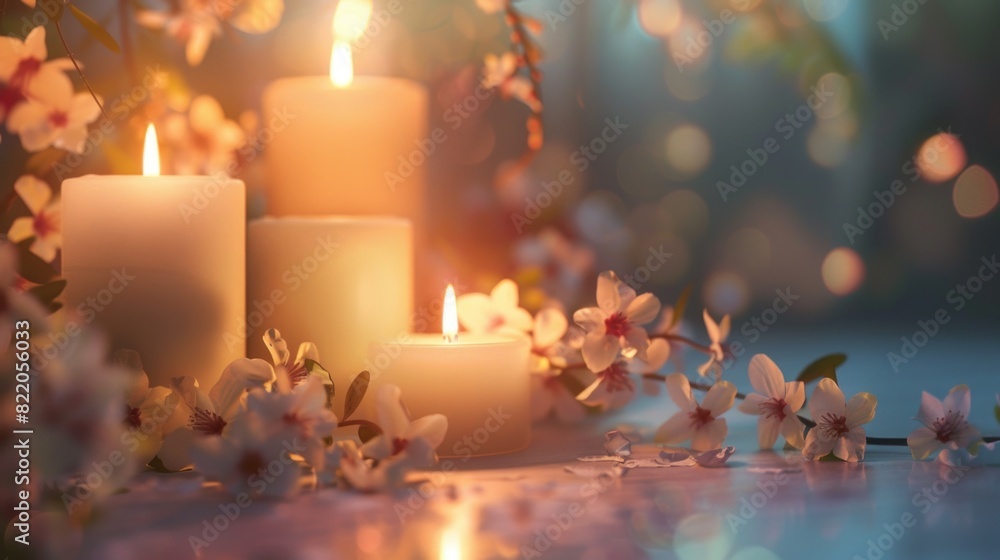 Poster two candles sitting next to each other on a table. can be used for home decor or relaxation concepts