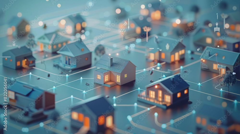 Poster a digital rendering of a smart neighborhood with interconnected homes and advanced technology for en