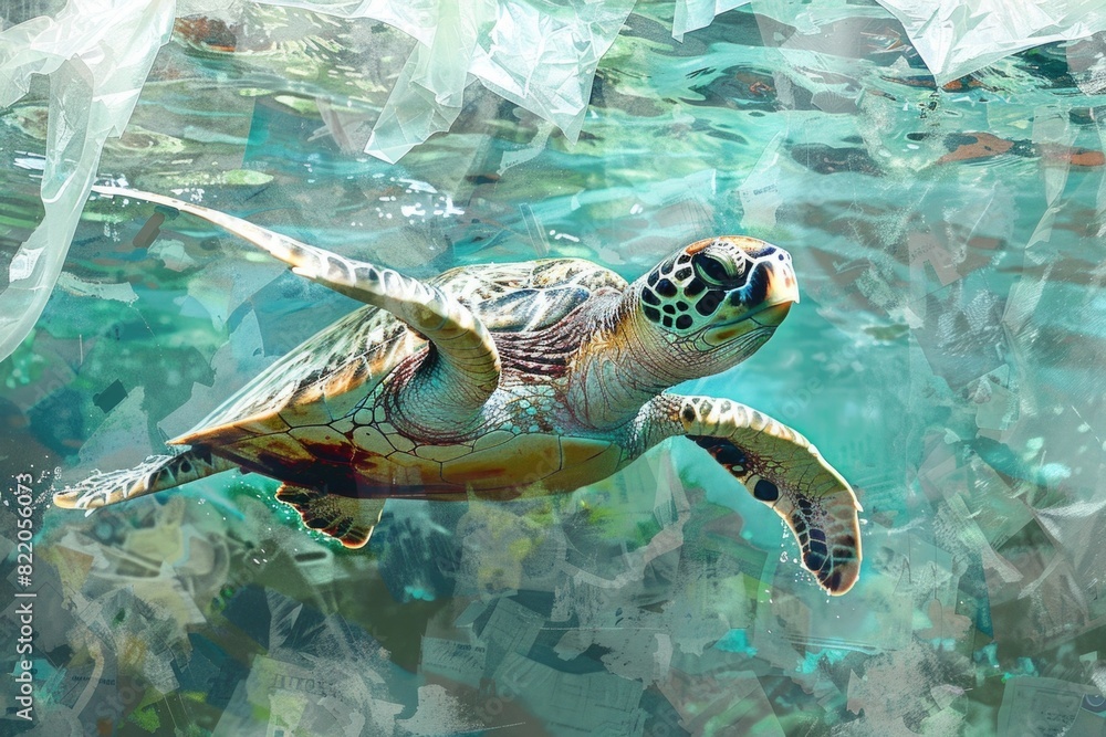 Aufkleber Turtle swimming in water with net in background. Suitable for environmental concepts