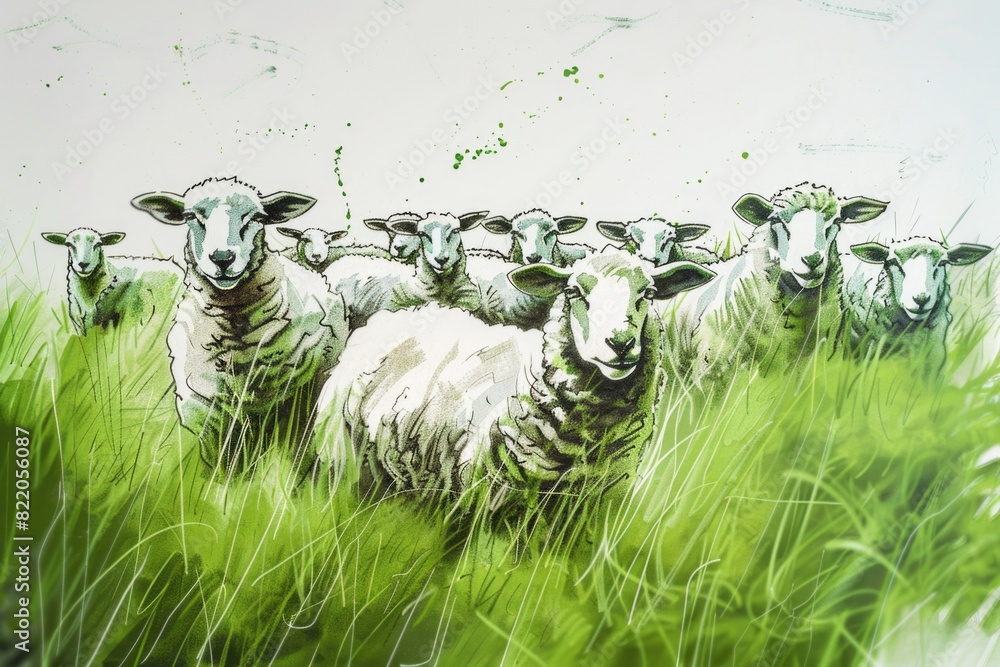 Poster a herd of sheep standing on a lush green field. suitable for agriculture concepts