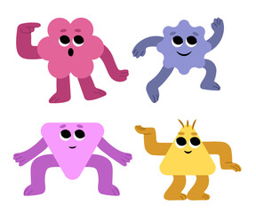 Abstract characters. Geometric comic creature emotions. Funny characters. Modern various figures. Geometry figures with eyes, hands and legs in kids style.