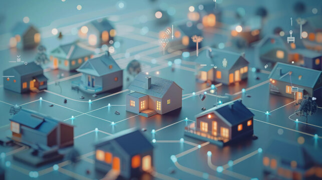 A digital rendering of a smart neighborhood with interconnected homes and advanced technology for enhanced living and connectivity.