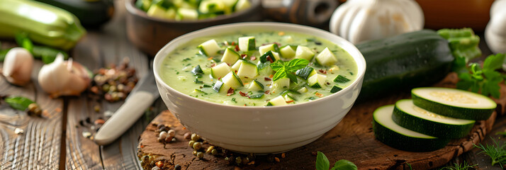 Homemade Creamy Zucchini Soup Recipe with Fresh Kitchen Ingredients on a Rustic Setting