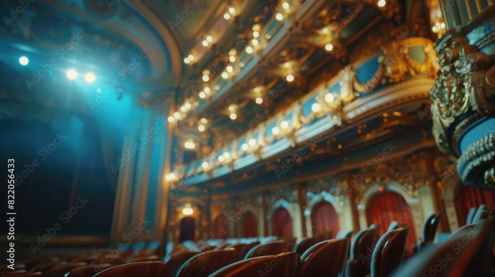 Poster A theater setting with rows of seats and a stage for performances. Suitable for entertainment industry concepts