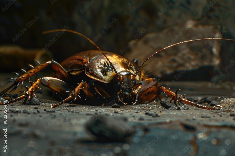 Poster detailed image of a cockroach on the ground, suitable for pest control or nature concepts