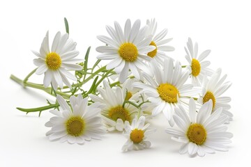 Obraz premium Realistic photograph of a complete Daisies,solid stark white background, focused lighting
