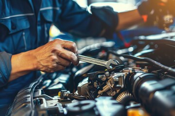 Mechanic at work in auto repair shop, fixing car engine