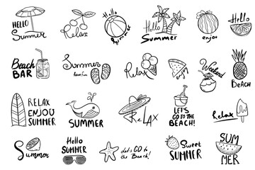 Set of cute summer icons. Summer labels, logos, hand drawn tags and elements for summer. Holiday beach elements.