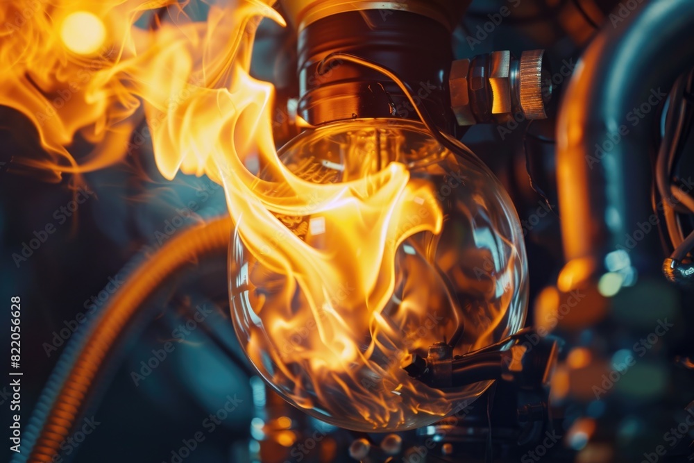 Poster a close-up image of a fire burning inside a glass bottle. ideal for use in science or nature-themed 
