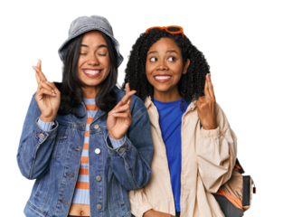 Latin friends ready for vacation crossing fingers for having luck