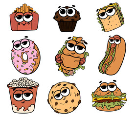 Trendy groovy fast food sticker set. Retro groovy cartoon character. Fast food stickers for restaurant, cafe and delivery.