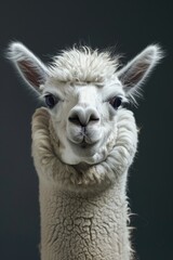 Obraz premium A detailed image of a llama's face against a dark background. Suitable for animal-themed designs