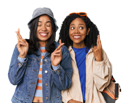 Latin friends ready for vacation crossing fingers for having luck
