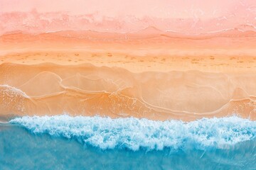 Fototapeta premium Eye-level angle photo, serene beach scene, divided into three horizontal bands; vivid blue waves at the bottom, golden sands in the middle, orange-pink sky at the top, oil painting texture