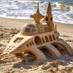 spaceship made of sand, sandcastle on beach