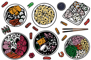Asian Japanese food ramen set illustration. Chinese and Japanese Meal with Soup in Bowl. Hand drawn style