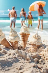 a family of ice cream cones having a great day at the beach